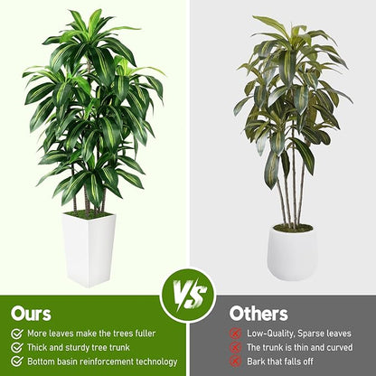 Artificial Dracaena Tree Indoor, 5FT Tall Fake Tree with White Tall Planter, Artificial Tree Fake Yucca Potted Tree for Home Office Living Room Decor, Tall Artificial Plant for Housewarming