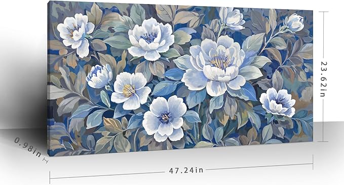 ARTZON Large Wall Art for Living Room Botanical Flower Canvas Print Blue and White Grey Floral Peony Artwork Modern Spring Leaf Plant Picture Home Women Bedroom Dining Room Office Decor 48x24 Inch