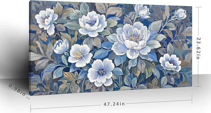 ARTZON Large Wall Art for Living Room Botanical Flower Canvas Print Blue and White Grey Floral Peony Artwork Modern Spring Leaf Plant Picture Home Women Bedroom Dining Room Office Decor 48x24 Inch