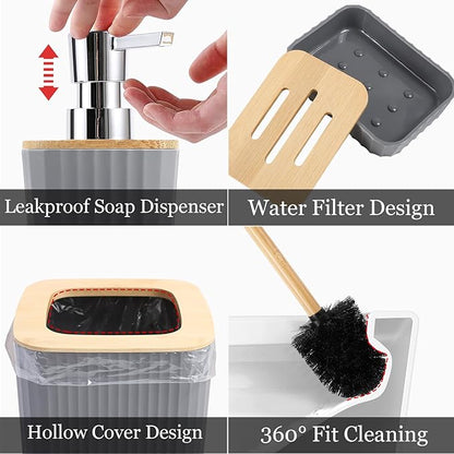 Grey Bathroom Accessories Set, 9 Piece Gray Bathroom Set, Bathroom Accessory Sets Compelete with Trash Can, Toothbrush Holder, Cup, Lotion Dispenser, Tray, Soap Dish, Toilet Brush, Qtip Holders