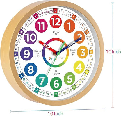 Wall Clock 10 Inch for Kids Learning Easily Kids Teaching Clock Analog Silent Non Ticking Battery Operated Colorful Teaching Time Clock Decorative for Kids Room Kitchen School