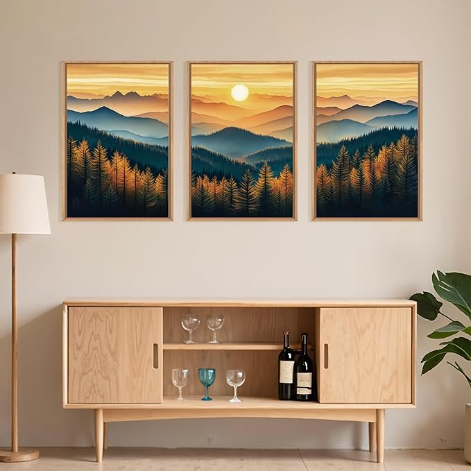 Large Boho Sunrise Mountain Framed Canvas Wall Art,Abstract Nature Forest Wall Decor,Foggy Pine Tree Wall Painting,Retro Landscape Artwork for Living Room,Bedroom,Dining Room,Office -16"x24"x3