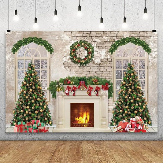 YongFoto Christmas Fireplace Backdrop 10x6.5ft Room Christmas Trees Red Socks Vintage Wall Photography Background New Year Xmas Eve Family Winter Holiday Party Banner Photoshoot Wallpaper Photo Booth