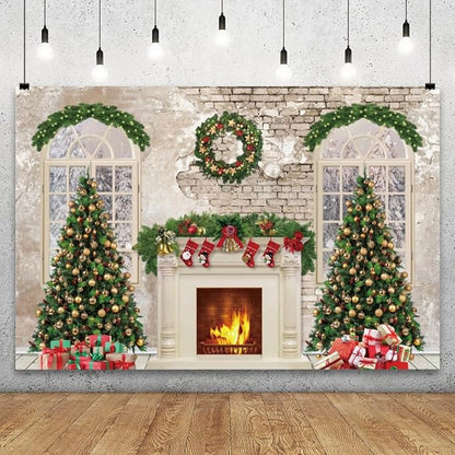 YongFoto Christmas Fireplace Backdrop 15x10ft Room Christmas Trees Red Socks Vintage Wall Photography Background New Year Xmas Eve Family Winter Holiday Party Banner Photoshoot Wallpaper Photo Booth