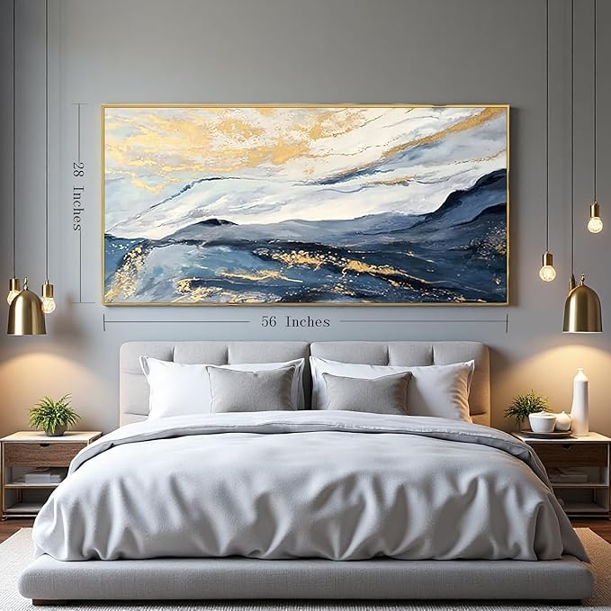 Large Blue and Gold Abstract Canvas Wall Art for Living Room, Framed Mountain Blue Oil Painting for Bedroom,Modern Landscape Office Wall Decor Ready to Hang 28x56 Inches