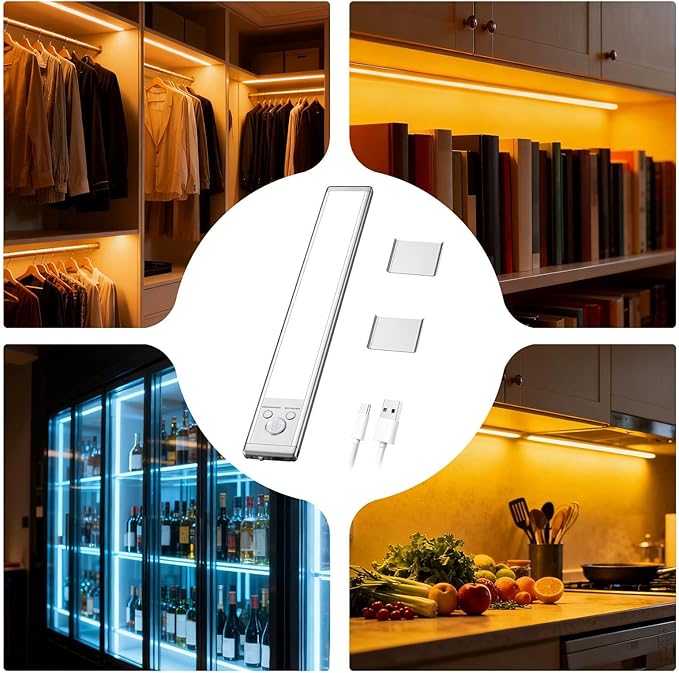 Motion Sensor Indoor Lights, 25x3.8x1 cm, USB Rechargeable Touch-Control Light for Closet, Hall, Kitchen, Night, Home, Safe Lighting for Family, Friends