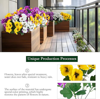 Hananona 24 Pcs Artificial Outdoor Flowers, Faux Silk Pansy Plants for Outside UV Resistant Spring Pansies Flower for Home Planter Porch Patio Yard Decor (24, Yellow, White, Purple)