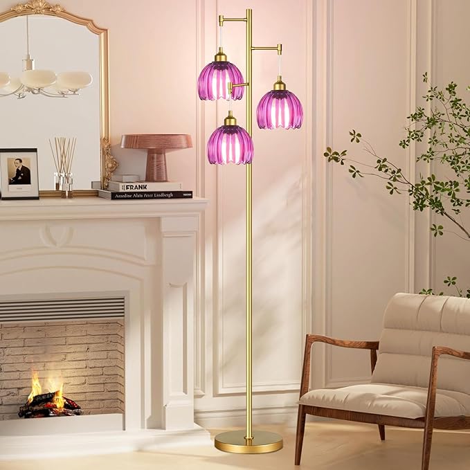 Gold Floor Lamps for Living Room Bedroom-3 Light Glass Floor Lamp with Three Led Bulb,Vintage Tall Lamp Mid Century Modern Standing Lamp Tree Floor Lamp for Bedroom Living Room,Office,Corner