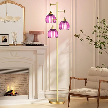 Gold Floor Lamp for Living Room Bedroom-3 Light Modern Floor Lamp with Glass Lampshape, Flower Tall Lamp Glass Standing Lamp Tree Floor Lamps for Living Room Bedroom,Corner