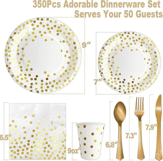 AIRE 350PCS White Gold Paper Plates Party Supplies for 50 Guests Party Decorations Disposable Dinnerware Paper Plates Cups Napkins Gold Plastic Forks Knives Spoons for Wedding Birthday Engagement