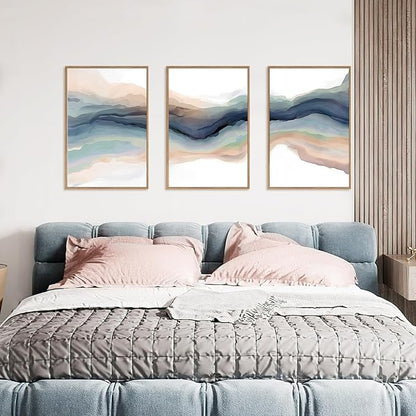 HLNIUC Blue Abstract Wall Art, Watercolor Line 24"x36" Framed Art Set of 3, Modern Wave Canvas Wall Decor, Natural Landscape Paint Stroke Prints for Living Room, Bedroom, Office