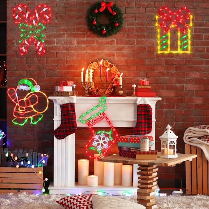 Christmas Window Silhouette Lights Decorations - 16" 4 Pack Colour Lighted Santa ＆ Gift Box ＆ Candy Cane ＆ Christmas Stocking for Holiday Wall Door Window Decorate