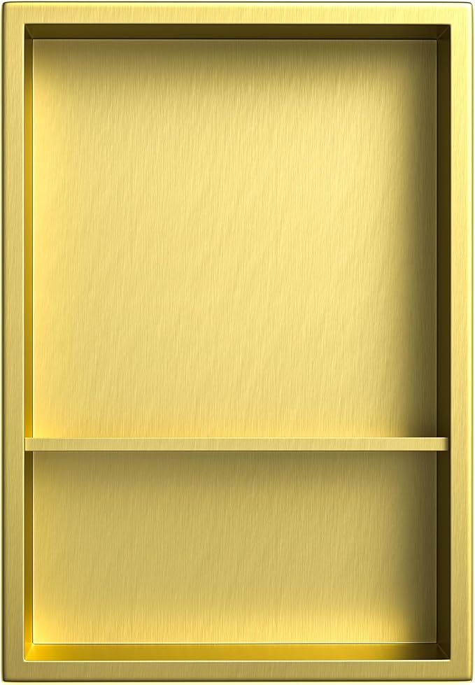Stainless Steel Shower Niche 18" X 12" Gold No Tile Needed Vertical Niche Shower with Two- Tier Shelves Recessed Wall Niches for Bathroom Storage Over Mount Installation