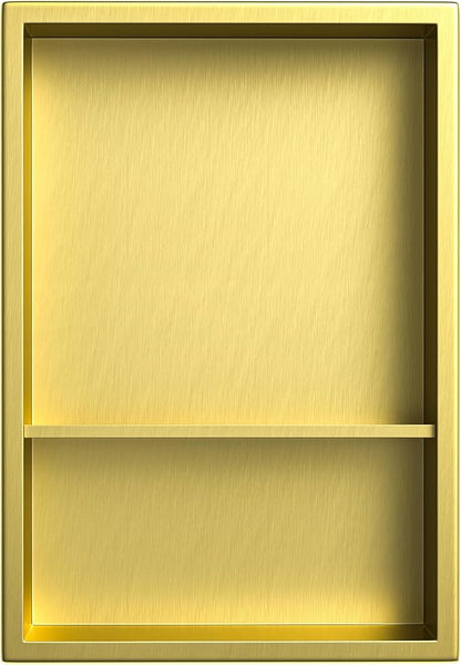 Stainless Steel Shower Niche 18" X 12" Gold No Tile Needed Vertical Niche Shower with Two- Tier Shelves Recessed Wall Niches for Bathroom Storage Over Mount Installation
