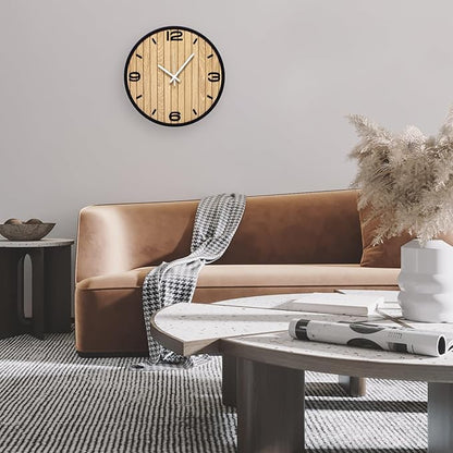 8 Inch Round Wall Clock Battery Operated Wooden, Non-Ticking Quartz Decorative Analog Clocks for Apartment, Living Room, Bedroom, Hallway, Classroom - Easy to Install & Read