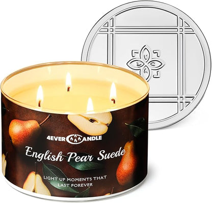 4EVER Scented Candles | 4-Wick 18oz Soy Wax Candle | Up to 50Hrs Clean Burn | Aromatherapy Candles for Home Scented | Gifts for Women & Mom, English Pear Suede