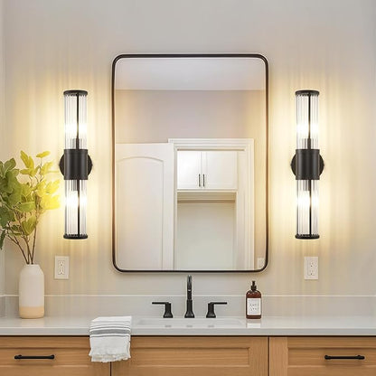 JOOSENLUX Black Vanity Light, Set of 2 Bathroom Sconces with E12 Base and Glass Rod Design – Modern Bathroom Vanity Light Fixture for Mirror, Powder Room, Bedroom, Hallway
