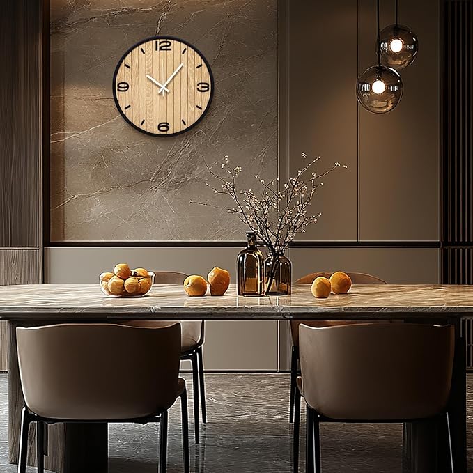 8 Inch Round Wall Clock Battery Operated Wooden, Non-Ticking Quartz Decorative Analog Clocks for Apartment, Living Room, Bedroom, Hallway, Classroom - Easy to Install & Read