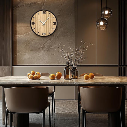 10 Inch Round Wall Clock Battery Operated Wooden, Non-Ticking Quartz Decorative Analog Clocks for Apartment, Living Room, Bedroom, Hallway, Classroom - Easy to Install & Read