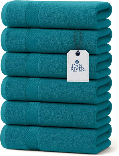 DAN RIVER 6-Pack Premium Hand Towels (16x28 Inches) - 100% Cotton, Ultra Soft, Lightweight, Highly Absorbent Towels for Bathroom, Spa, Gym, Salon, Hotel, and Travel - 550 GSM - Teal