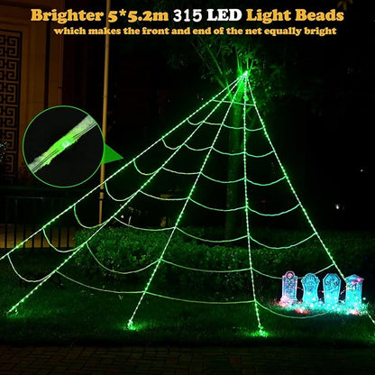 315 LED Halloween Spider Web Lights Decor, 5m Giant Net Lights with 26m Light Chain & Remote Control (8 Light Modes & Timer), Decoration for Garden Indoor Outdoor - Green
