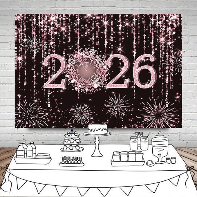 MEHOFOND 7x5 ft Black and Rose Gold 2026 New Year Backdrop Cheers to 2026 Photography Background Hello 2026 Fireworks Dripping Glitter Dots Clock Decor Time to 2026 New Year Eve Cake Smash Photo Props