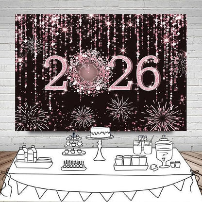 MEHOFOND 7x5 ft Black and Rose Gold 2026 New Year Backdrop Cheers to 2026 Photography Background Hello 2026 Fireworks Dripping Glitter Dots Clock Decor Time to 2026 New Year Eve Cake Smash Photo Props