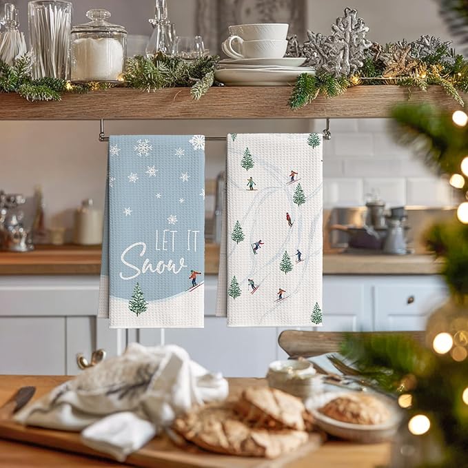 Artoid Mode Xmas Tree Snowflakes Cable Car Ski Winter Bar Kitchen Towels, 12x24 Inch Quick Dry Microfiber Cloth Dish Towels for Drying Set of 4