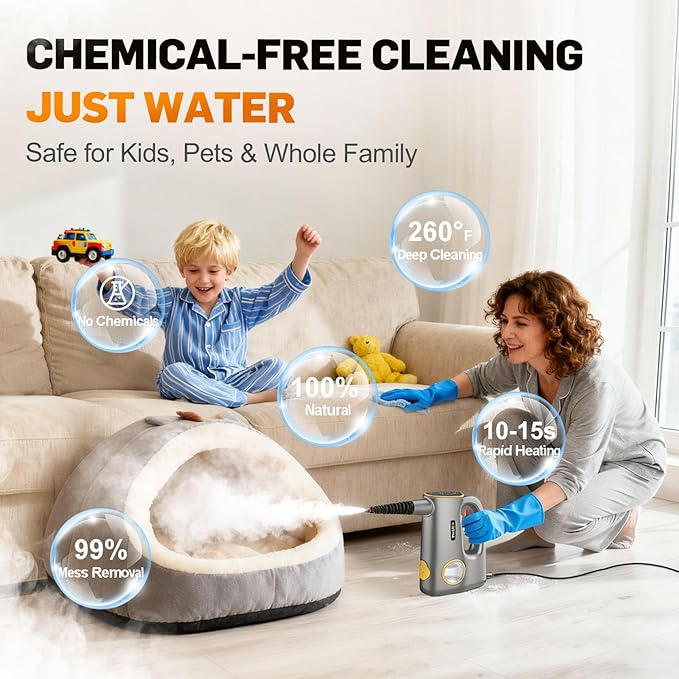 Handheld Pressurized Steam Cleaner - 3-Level Adjustable Steamer for Cleaning, 15s Heat-Up & 14pcs Accessories, Steam Cleaner for Home & Car, Car Detailing, Tile, Grout, Furniture