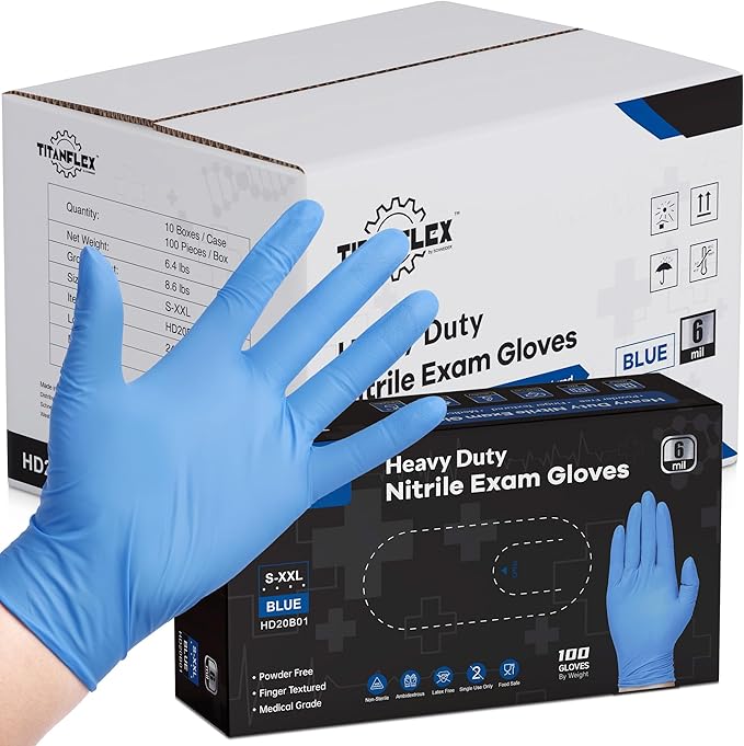 TitanFlex Disposable Nitrile Gloves 6 mil Blue Heavy Duty Disposable Gloves, Cooking Mechanic Gloves, Latex Free Powder Free