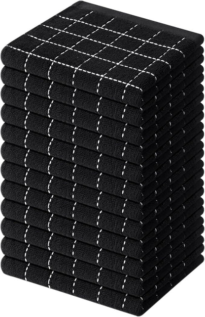 Mordimy 100% Cotton Terry Cloth Dish Cloths, Soft and Absorbent Checkered Dish Towels, Quick Drying Dish Rags for Washing Dishes, 12 Pack, 12 x 12 Inches, Black