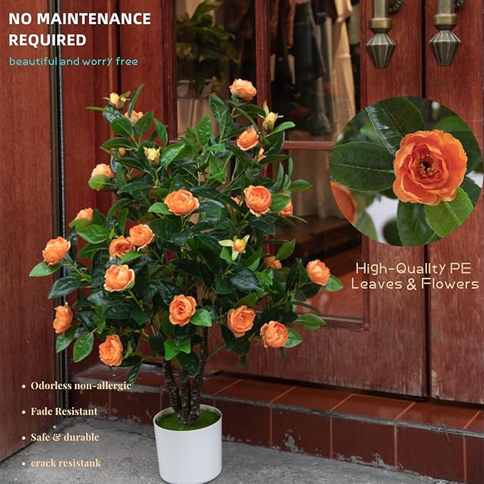 Artificial Camellia Tree 35in Faux Floral Plant with Orange Flowers and Green Leaves - No Maintenance Indoor Outdoor Office Home Porch Decor Housewarming Gift(2-Pack，Orange)