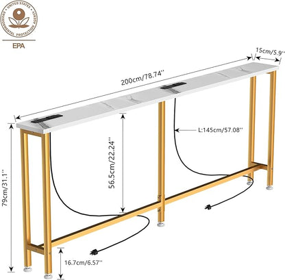 78Inch Console Table with Outlet, Sofa Table with Charger,Skinny Hallway Table, Narrow Entryway Table,Table Behind Sofa,for Living Room,Gold & White