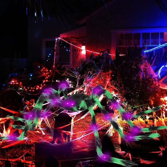 Halloween Spider Decorations 4ft Light Up Coloful Giant Spider(2 Pack) for Indoor Outdoor Halloween Decorations Yard Party House Décor
