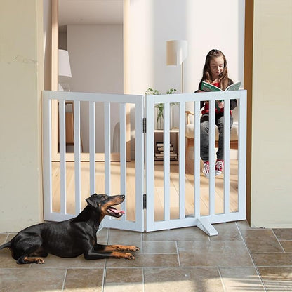 Dog Gate Indoor, Freestanding Dog Fence for The House, Doorways, Hallways,or Stairs,Pet Gate Foldable Wooden,Expandable 24" Height 2 Panels,White