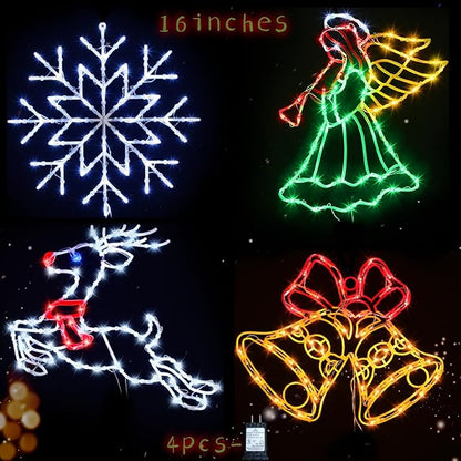 Christmas Decorations - 16" Christmas Window Silhouette Lights - 4 Pack Colour Lighted Snowflake & Angel & Reindeer & Bell for Holiday Indoor and Outdoor Wall Door Window Decorate
