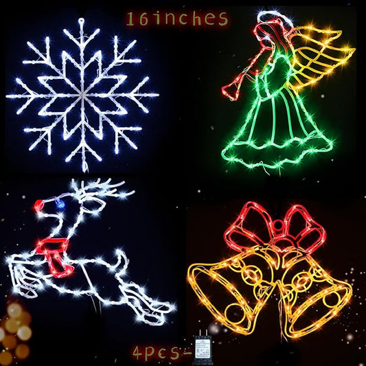 Christmas Decorations - 16" Christmas Window Silhouette Lights - 4 Pack Colour Lighted Snowflake & Angel & Reindeer & Bell for Holiday Indoor and Outdoor Wall Door Window Decorate