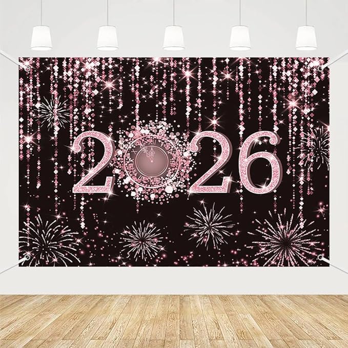 MEHOFOND 7x5 ft Black and Rose Gold 2026 New Year Backdrop Cheers to 2026 Photography Background Hello 2026 Fireworks Dripping Glitter Dots Clock Decor Time to 2026 New Year Eve Cake Smash Photo Props