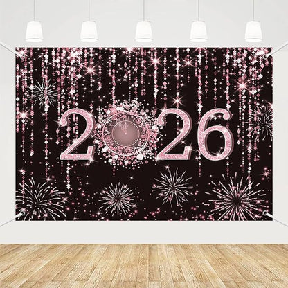 MEHOFOND 7x5 ft Black and Rose Gold 2026 New Year Backdrop Cheers to 2026 Photography Background Hello 2026 Fireworks Dripping Glitter Dots Clock Decor Time to 2026 New Year Eve Cake Smash Photo Props