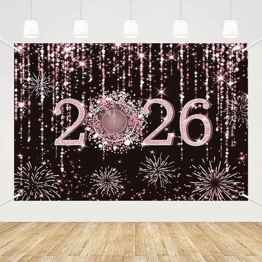 MEHOFOND 7x5 ft Black and Rose Gold 2026 New Year Backdrop Cheers to 2026 Photography Background Hello 2026 Fireworks Dripping Glitter Dots Clock Decor Time to 2026 New Year Eve Cake Smash Photo Props
