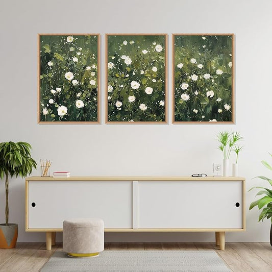 HLNIUC Green White Floral Framed Wall Art Set, Abstract Flower Canvas Wall Decor, Modern Botanical Wall Painting, Blossom Landscape Art Print for Living Room, Bedroom, Office - 16"x24"x3