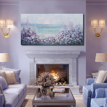 GAIDUOMAI Large Landscape Wall Art for Living Room Purple Flowers Pictures Wall Decor Blue Coastal Canvas Prints Modern Artwork for Bedroom Dining Room 29x58 Inch