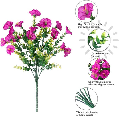 Artificial Flowers Fake Plants for Outdoors Decoration, 12 Bundles Silk Morning Glory with Eucalyptus Realistic UV Resistant Fuchsia Faux Flowers for Outside Planter Yard Patio Garden Home Indoor