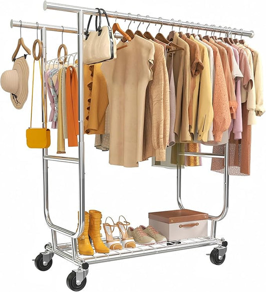 Clothes Rack Heavy Duty 620LBS For Hanging Clothes, Commercial Garment Rack Heavy Duty,Collapsible ＆ Portable Clothes Rack with Wheels,Rolling Clothing Racks Metal Clothing Rack (CR-H)