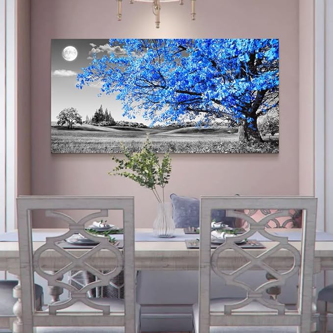 Wapluam Canvas Wall Art For Living Room Modern Wall Decor For Bedroom Black And White Wall Paintings Blue Tree Scenery Pictures Prints Artwork Office Decor Room Aesthetic Home Decor 20" X 40"