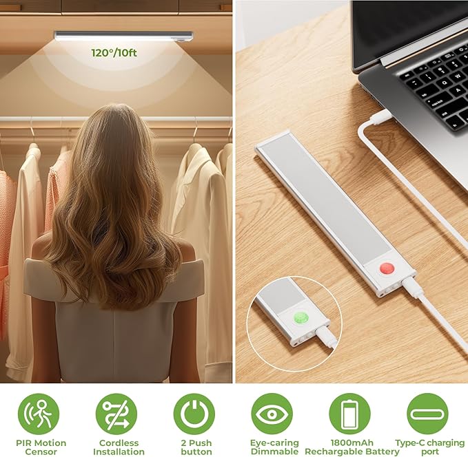 8inch Under Cabinet Lights,60 LED,USB-C 1800mAh Rechargeable Battery,3 Color Temperature,Dimmable,Motion Sensor Cordless Under Counter Light for Wardrobe,Bedroom,Kitchen,Stairs(2pack 3CCT)