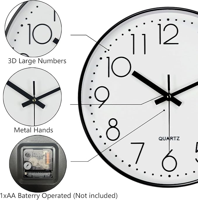 Silent Wall Clocks Battery Operated 8 Inch, Analog Wall Clock with Oversized Number Tempered Glass Clock Face, Black Quartz Non Ticking Wall Clocks for Living Room Bedroom Kitchen Office