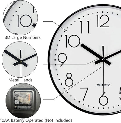 Wall Clock, Silent Wall Clocks Battery Operated 10 Inch Modern Non Ticking Analog Clock with Large Numerals Tempered Glass Clocks for Bedroom, Living Room, Kitchen, Office Decor, White Black