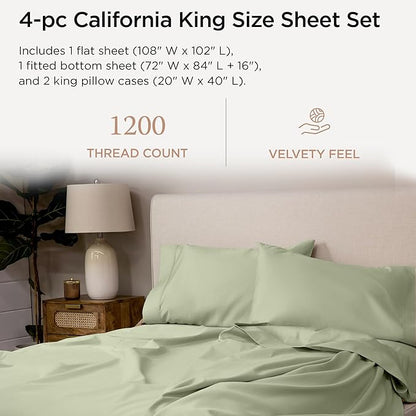 Threadmill Supima Cotton Sheets, 1200 Thread Count Soft 100% Cotton for Cal King Size Bed, 4 Pc Sage Green Set, 5-Star Hotel Quality With Elasticized Deep Pocket