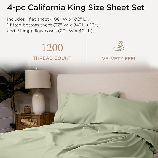 Threadmill Supima Cotton Sheets, 1200 Thread Count Soft 100% Cotton for Cal King Size Bed, 4 Pc Sage Green Set, 5-Star Hotel Quality With Elasticized Deep Pocket